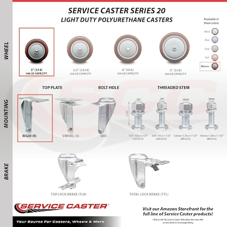Service Caster 3 Inch Maroon Polyurethane Wheel Rigid Top Plate Caster SCC-20R314-PPUB-MRN-TP2